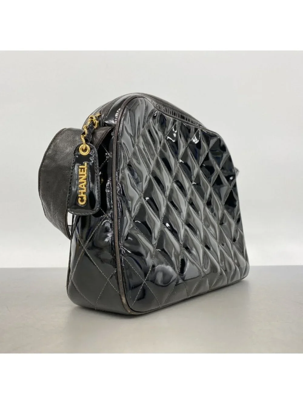 Chanel Shoulder Bag Quilted Patent Leather Black Gold